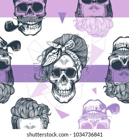 Seamless pattern in pop art style with skeleton womens heads, fashion scarf and hairstyle, against triangle and purple stripes on background. Vector illustration