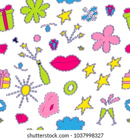 Seamless pattern pop art style with trendy fashion patch badges. Stickers, pins, patches in cartoon comic style. Vector clip-art. Web wallpaper, background, digital paper, print and packaging design.