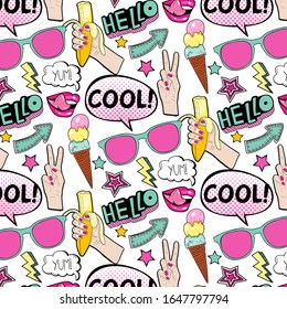 Seamless pattern in pop art style. Old-fashioned design for printing on fabric, printing, etc.