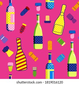 Seamless pattern in Pop Art style with champagne and wine bottles and Cork stoppers. Different types and forms bungs and plugs for alcohol drinks.Print for birthday invitation,holiday celebration,menu