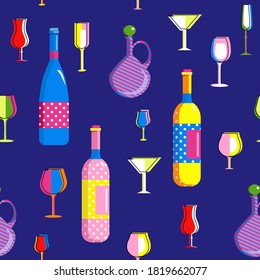 Seamless pattern in Pop Art style with champagne bottles and different types wine glasses.Collection for Home Party.Bar utensils in trendy colors.Tumbler for cocktail, ethnic jug.Print for bar flyer