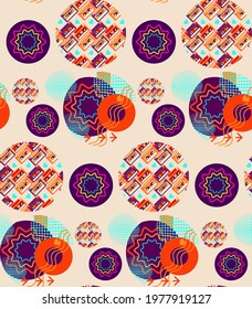 seamless pattern in pop art style. Different geometric shapes and retro cassette in repeating print. Ideal for fabrics, t-shirts, prints, fashion, textiles