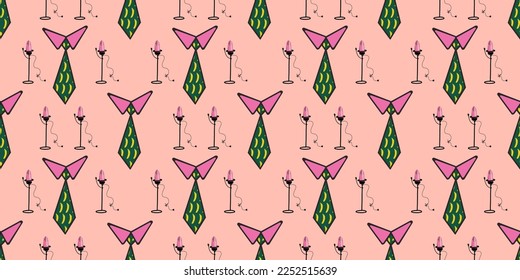 Seamless pattern in pop art style. ties ornament on a pink background. Party concept.