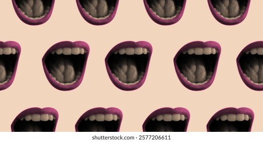 Seamless pattern in pop art style. Halftone collage open pink lips with scream. Screaming female mouth print background for textiles, wallpapers, wrapping paper, fabric.