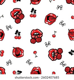 Seamless pattern Pop Art style of cherry and Women's Mouths