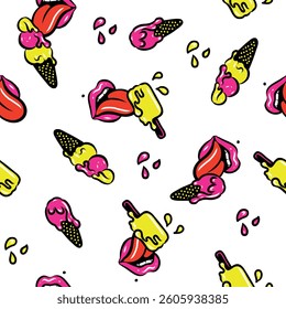 Seamless pattern Pop Art style of ice cream and Women's Mouths. Inspiretion from dessert of summer. You can change color of elements and background.