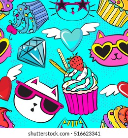 Seamless pattern in Pop art style with cats, heart, cakes , diamond.  Neon colors. fashion Modern bright  background for textile, post card, web. Repeated backdrop . EPS 10 .