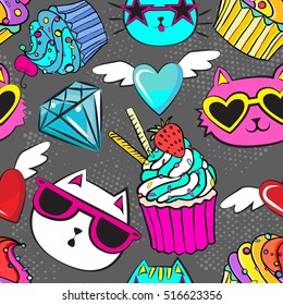 Seamless pattern in Pop art style with cats,heart, cakes , diamond.  Neon colors. fashion Modern bright  background for textile, post card, web. Repeated backdrop . EPS 10 .