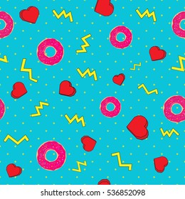 Seamless pattern in pop art style, with heart and donut. Vector illustration.