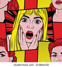 Seamless Pattern. Pop art surprised blond woman face with open mouth. Vector illustration for Designs: Poster, Banner, etc.