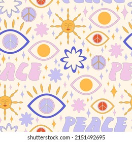 Seamless pattern Pop Color Style Flat Design 70s. Cool trendy retro of hipster retro cool psychedelic elements. Trend vector illustration.