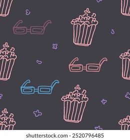 Seamless pattern with popcorn and 3D glasses. food for watching a movie. Doodle vector illustration. Childish naive art style.