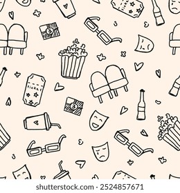 Seamless pattern with popcorn and 3D glasses. food for watching a movie. Doodle vector illustration. Childish naive art style.