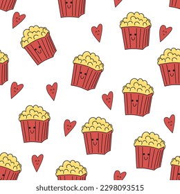Patrón sin foco con bolsas de palomitas con cara antropomórfica y corazones bonitos sobre fondo blanco. Comida de Kawaii