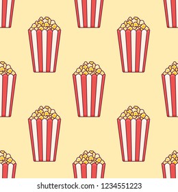 Seamless pattern with popcorn bucket on yellow background. Vector texture.