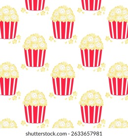 Seamless pattern with popcorn buckets and scattered kernels. Playful snack design for cinema or movie night.