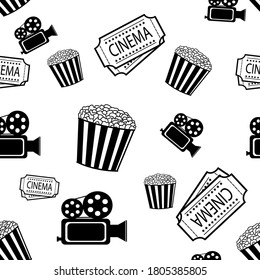 seamless pattern with popcorn, camera, cinema tickets