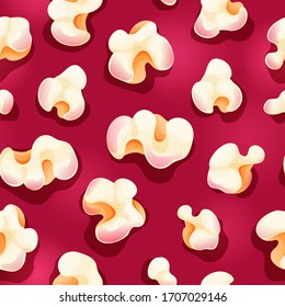 Seamless pattern with popcorn in cartoon style. Isolated corns with shadow on red backdrop. Vector illustration