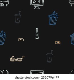 Seamless pattern with popcorn, drink and 3D glasses. food for watching a movie. Doodle vector illustration. Childish naive art style.