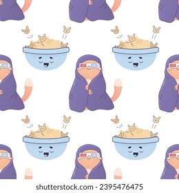 Seamless pattern popcorn, movie food, pizza, cute