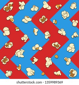 Seamless pattern with popcorn on a blue and red background. Color vector background.