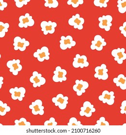 seamless pattern with popcorn on red background, vector illustration of cartoon popcorn kernels, cinema concept