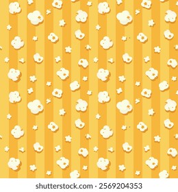 Seamless pattern of popcorn on a striped yellow background.