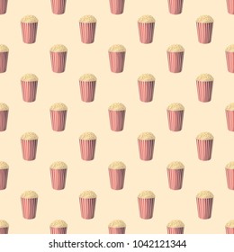 Seamless pattern with popcorn in striped bucket on yellow background. Vector illustration of fast food with snack in cartoon style