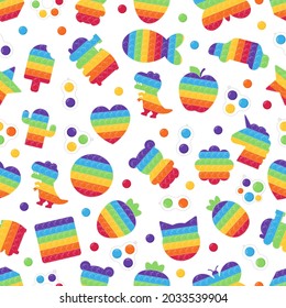 Seamless pattern with popit toys. Trendy sensory toy. Fidget game. Rainbow pop it - dinosaurs, flower, cactus, shapes, bear, unicorn, stars, strawberry. Flat style vector illustration.