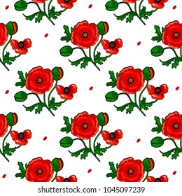 Seamless pattern. Poppies in bouquet on white background. For fabric, textiles, Wallpaper, decoration, postcards, envelopes, wrapping paper, ceramics.