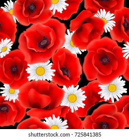 Seamless Pattern with Poppies and Chamomile.