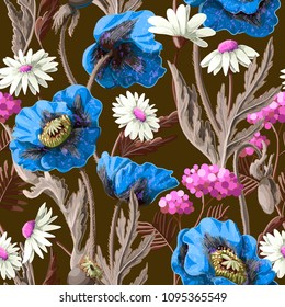 Seamless pattern with poppies and chamomile. Wild flowers vector illustration.