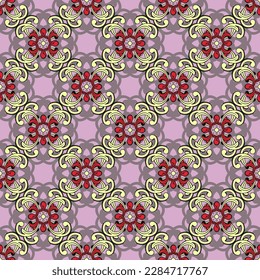 Seamless pattern of poppies or chrysanthemums. Abstract flower tile with yellow and red petals, shadow, pink background. A beautiful and stylish decoration for the design of any interior.