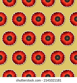 Seamless pattern with poppies in clip art style on yellow background. Retro wallpaper, vintage background, wrapping paper concept