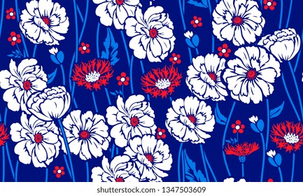 Seamless pattern with poppies and cornflower. Design of beautiful summer textile print