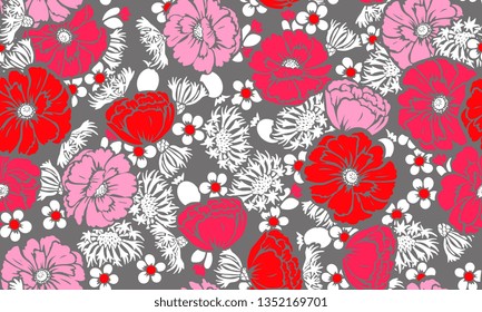 Seamless pattern with poppies and cornflower. Design of beautiful summer textile print