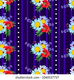 Seamless pattern with poppies, cornflowers, daisies, lavender, on dark purple background with stripes. For textiles, Wallpaper, background.