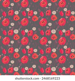 Nahtloses Muster Mohn und Kornblumen auf einem dunklen Hintergrund