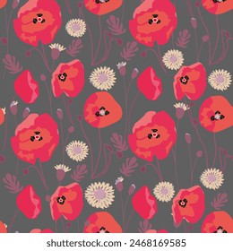 seamless pattern with poppies and cornflowers on a black background