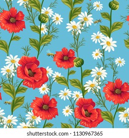 seamless pattern with poppies and daisies 