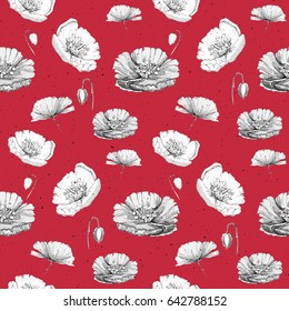 Seamless pattern with poppies flower hand drawn in sketch style. White beautiful flowers on red background. For paper design, textile and tissue or fabrics.