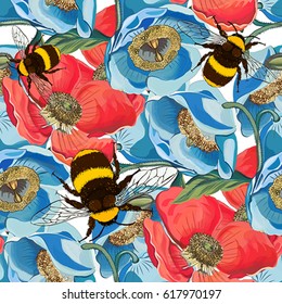  Seamless pattern with poppies, flower narcissus and bumblebee in vector