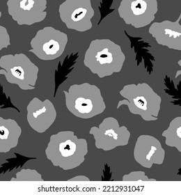 Patrón sin foco con adornos florales estilo de impresión de silueta dibujada a mano en blanco y negro para papel de pared, embalaje, papel, textil, tela.