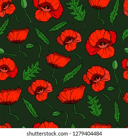 Seamless pattern with poppies flowers on dark background