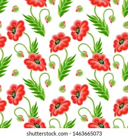 Seamless pattern with poppies flowers. Vector illustration. Floral background. Pattern with red flowers, buds, leaves.