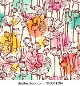 Seamless pattern with poppies. Freehand drawing