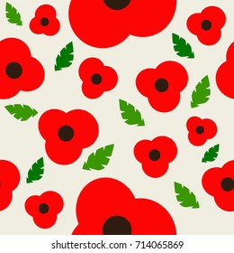 Seamless pattern with poppies and green leaves. Vector illustration.