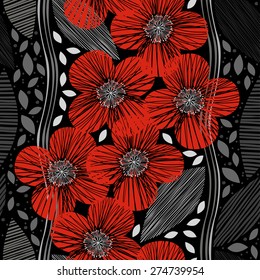 Seamless pattern with poppies. Hand-drawn floral background.