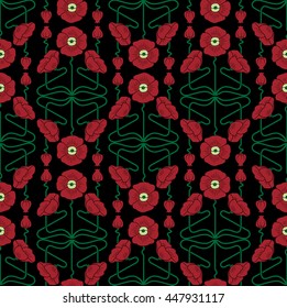 Seamless pattern with poppies inspired by art nouveau style elements