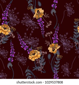 Seamless pattern with poppies and leaves. Dark background flower